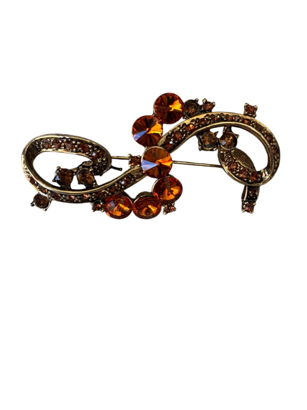 Vintage Women's Gold Tone Orange Rhinestone Swirl Brooch Pin with Amber Crystals